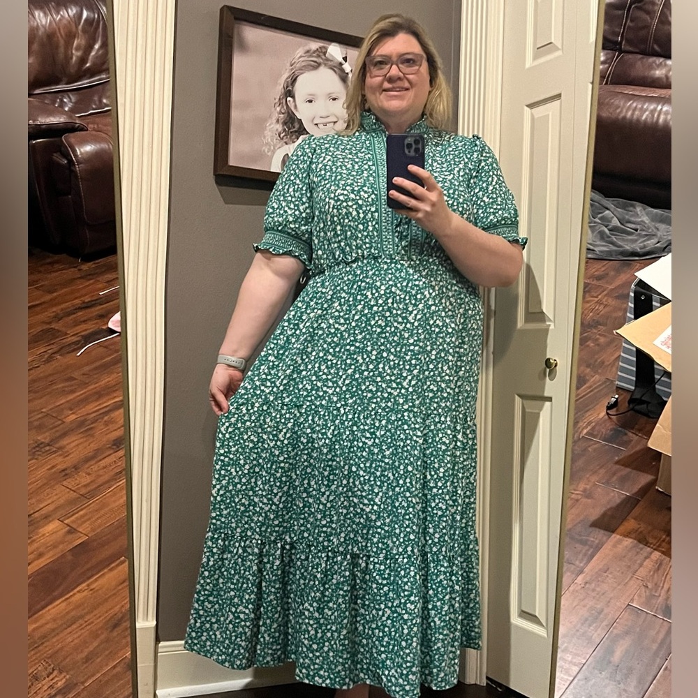 Forest Green Ruffle Neck Smocked Waist Long Dress By Adorne, Size 22W